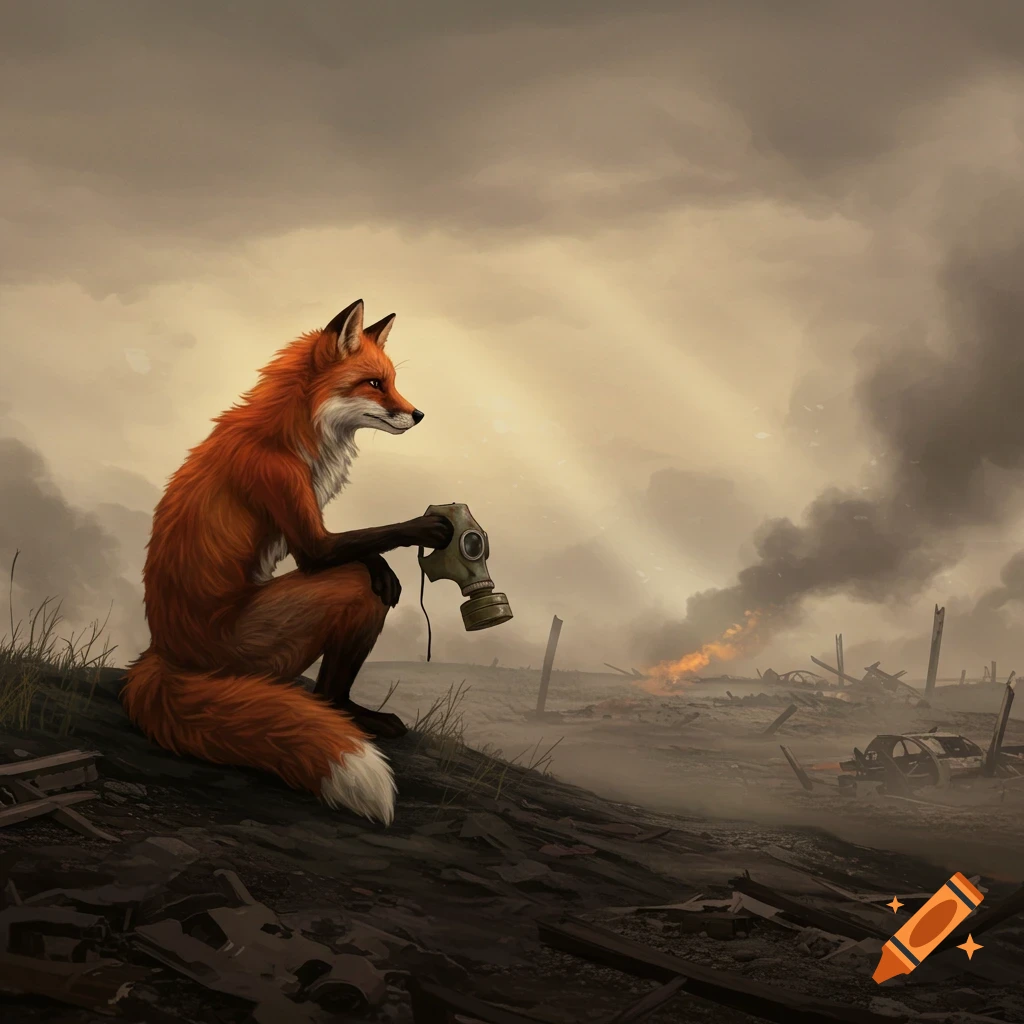 An anthropomorphic red fox holds a gas mask while sitting on a hill overlooking a war-torn, burning landscape under a cloudy sky.