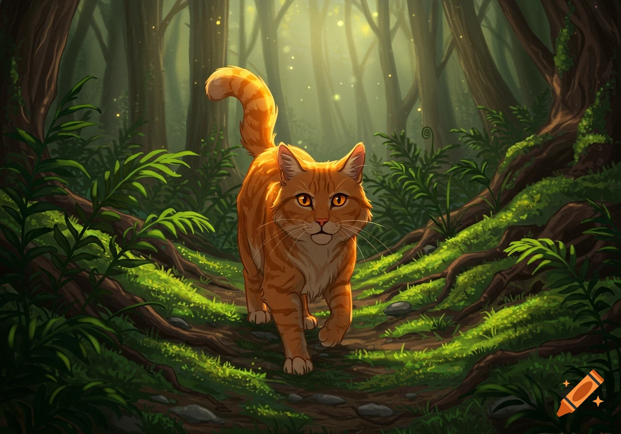 An orange tabby cat with amber eyes walks on a path through a lush, sunlit forest, in a graphic novel style.