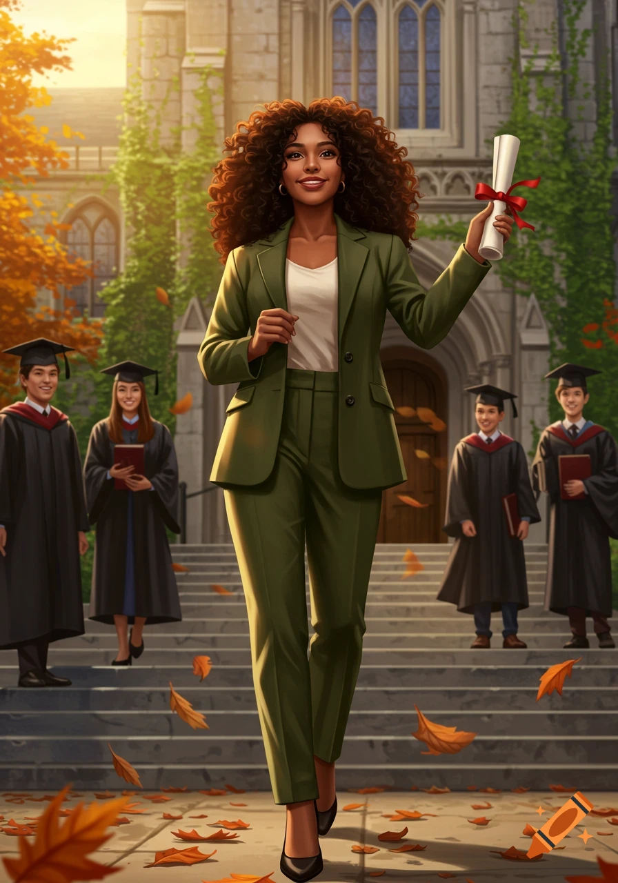 Smiling woman in olive suit holding diploma, walking from a university building with other graduates and autumn leaves.