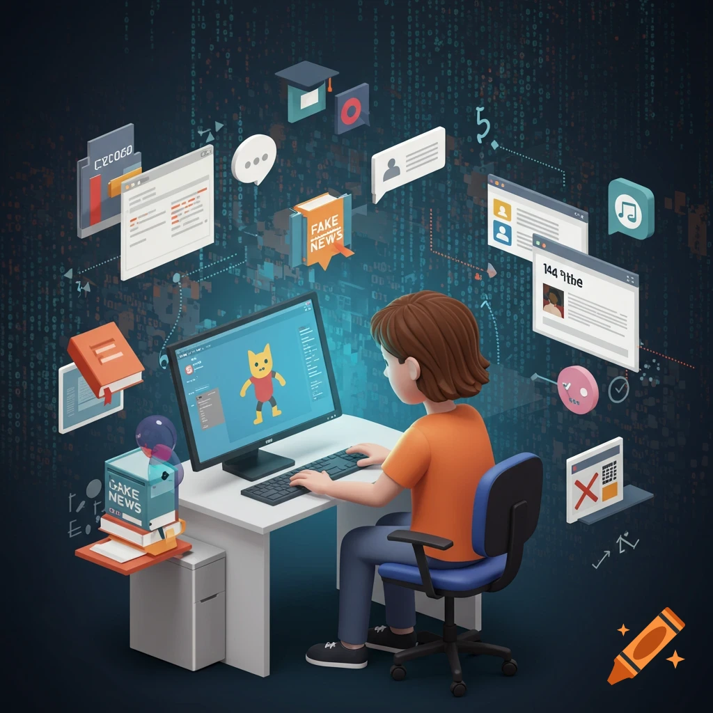 Cartoon person at a computer desk, surrounded by floating digital windows, books, and network symbols, on a dark background with binary code.