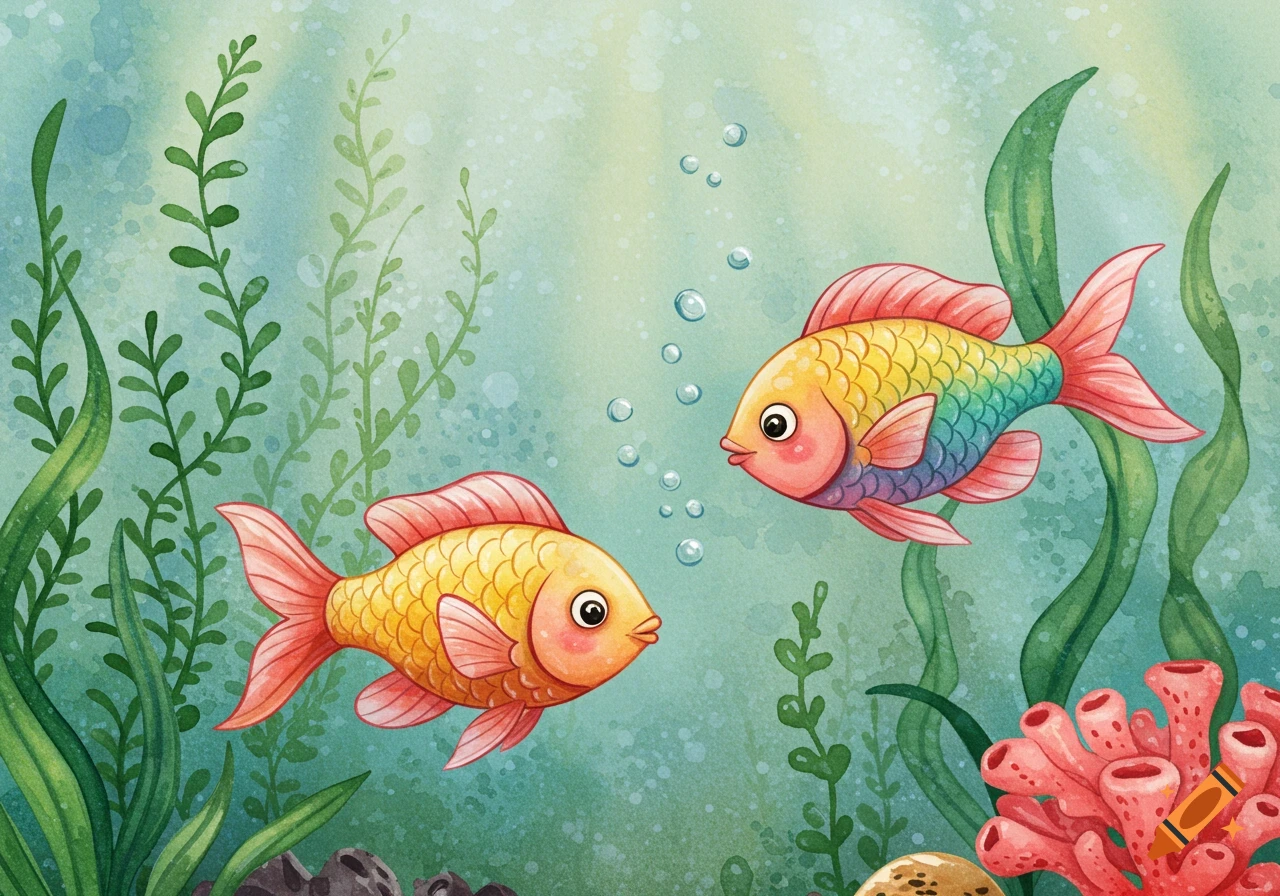 Two colorful, cute fish swim in a vibrant watercolor underwater scene with green plants, coral, and bubbles.
