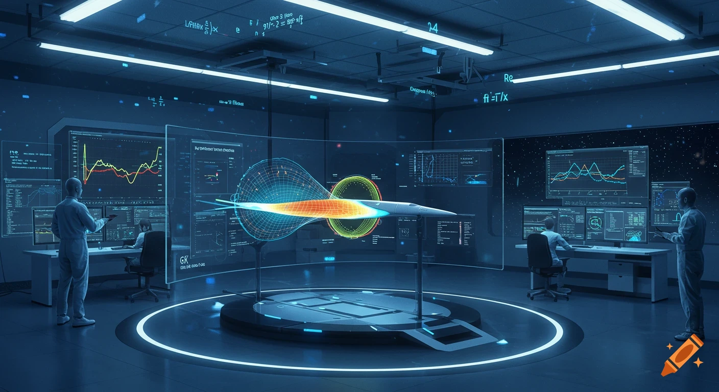 A futuristic aerospace research control room with engineers, a holographic hypersonic vehicle, and glowing data screens in blue-white lighting.
