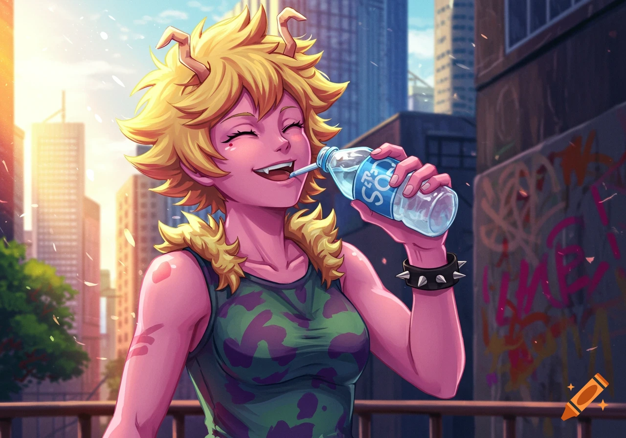 Anime character Mina Ashido with pink skin and yellow hair smiles while drinking from a water bottle in a sunny cityscape.