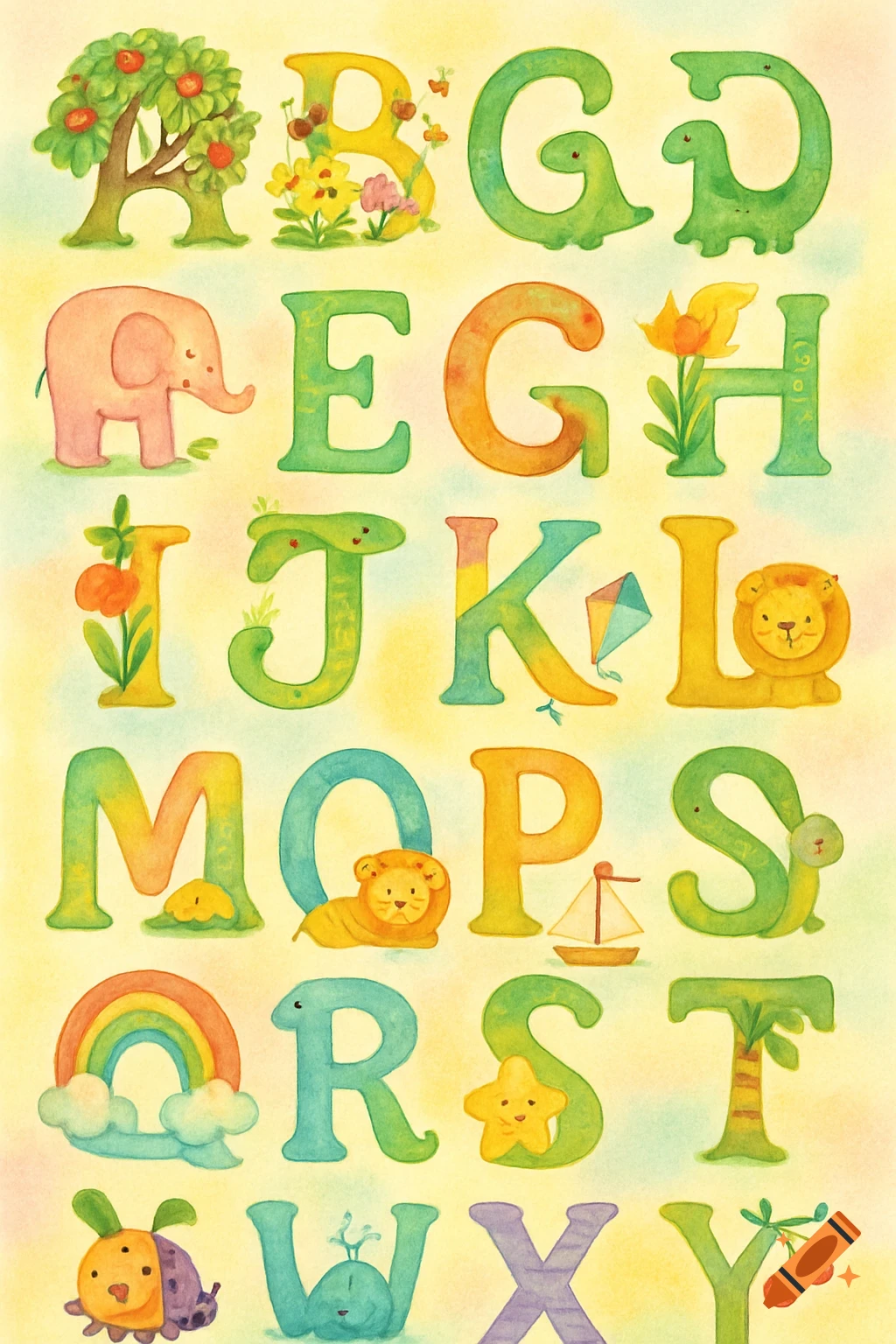 A colorful watercolor alphabet chart with each letter illustrated by an animal or object, on a light yellow and green background.