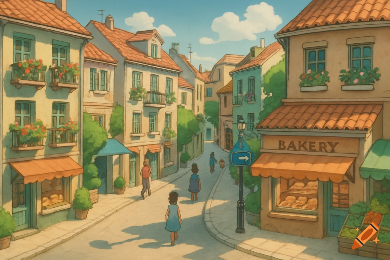 A cartoon Ghibli-style town street with colorful buildings, tiled roofs, flower-filled balconies, a bakery, and a greengrocer, with people walking down the street.