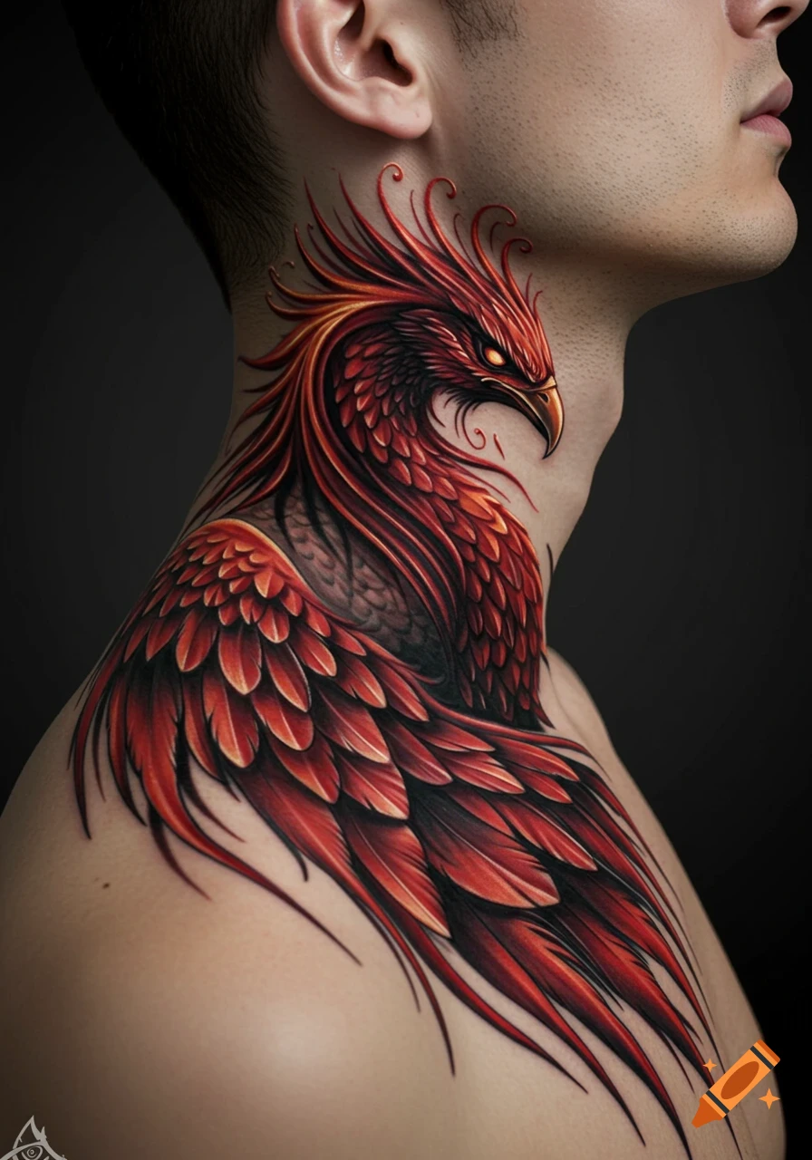 A detailed red and black phoenix tattoo on a man's neck and shoulder, with the phoenix head facing right.