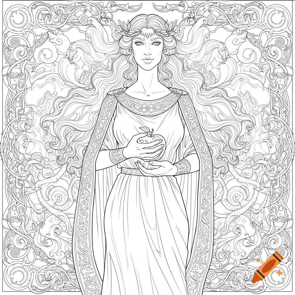 Intricate line drawing of the Ancient Greek goddess Eris, holding an apple, suitable for a coloring page.