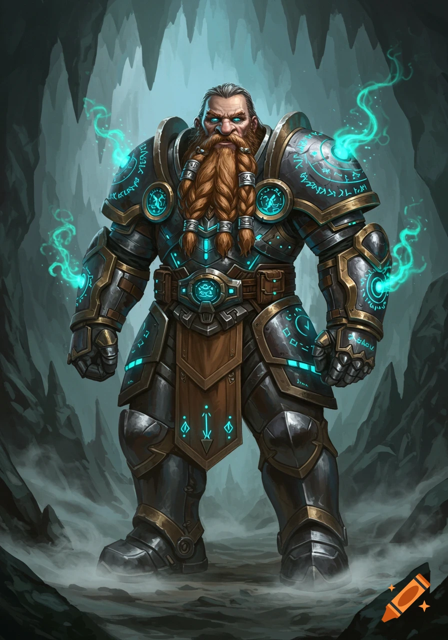 A powerful fantasy dwarf in intricate glowing blue and gold powered armor stands in a cavern.