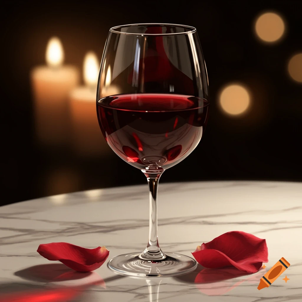 Photorealistic image of a glass of red wine on a marble table with red rose petals and blurred candles in the background.