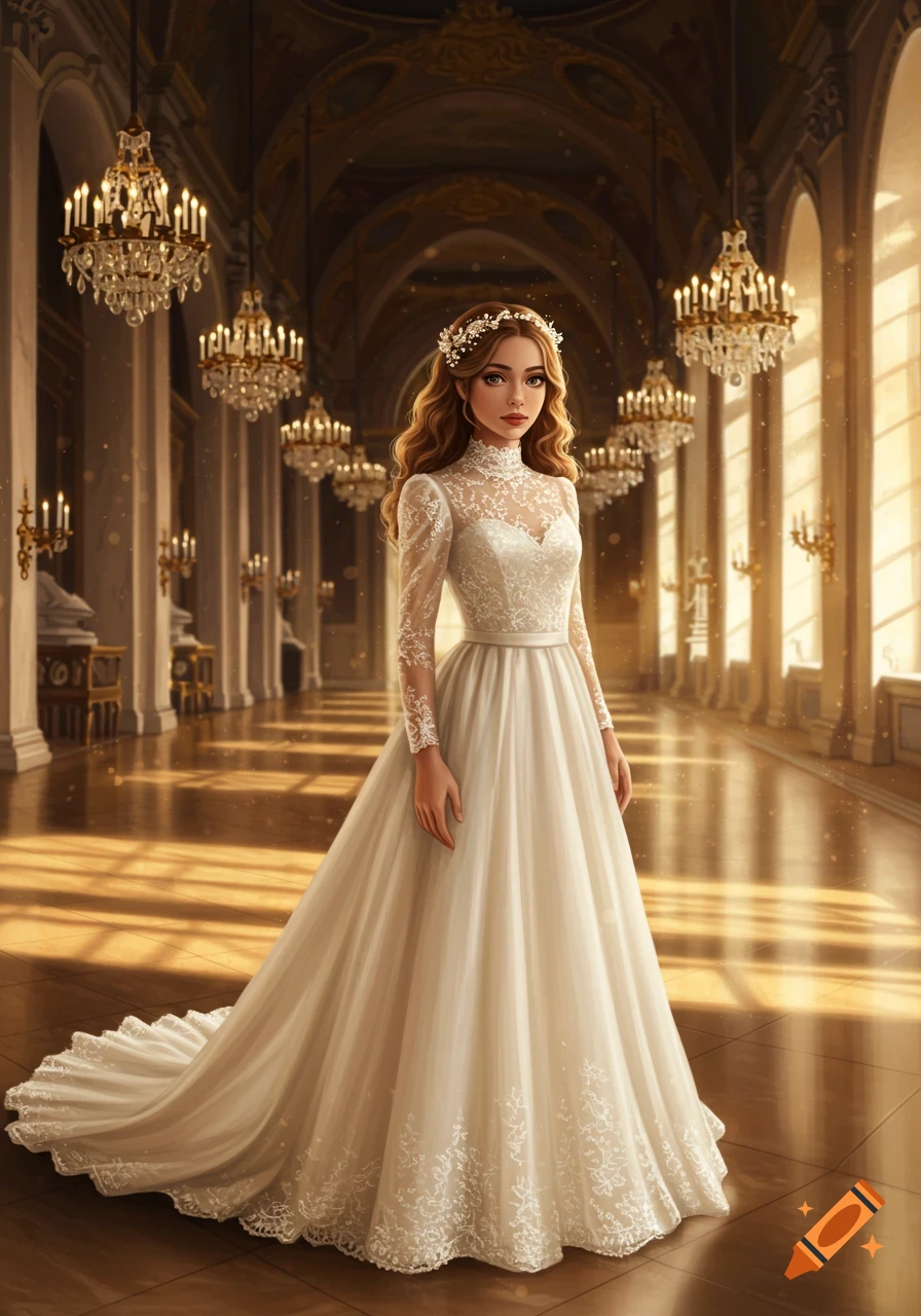 A young woman in a white vintage wedding dress with lace and a floral headband stands in a grand, sunlit palace hall with chandeliers. Digital art.
