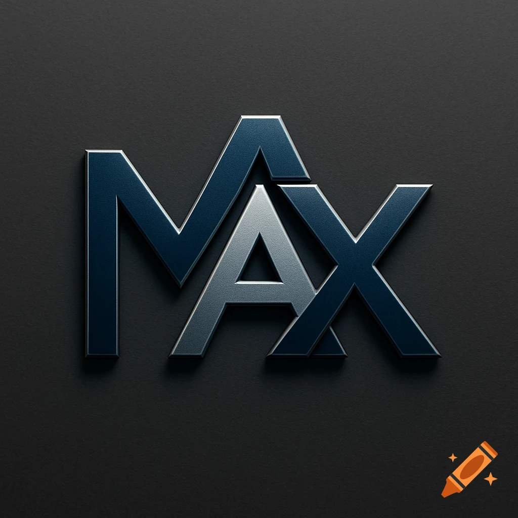A metallic blue and silver 3D logo spelling 'MAX' on a dark textured background.
