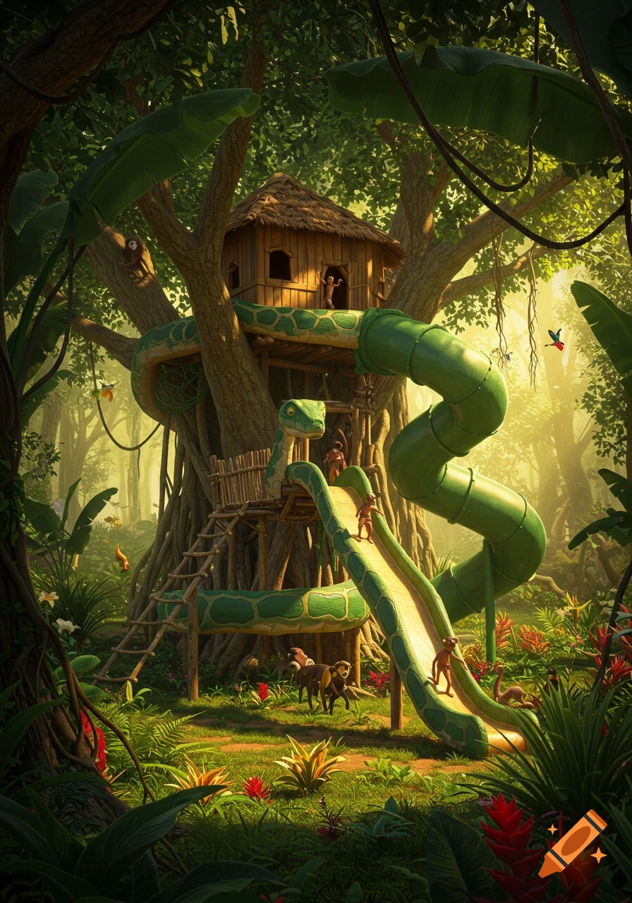 A vibrant jungle scene features a rustic treehouse with a winding green snake slide, and small monkeys playing around the structure.