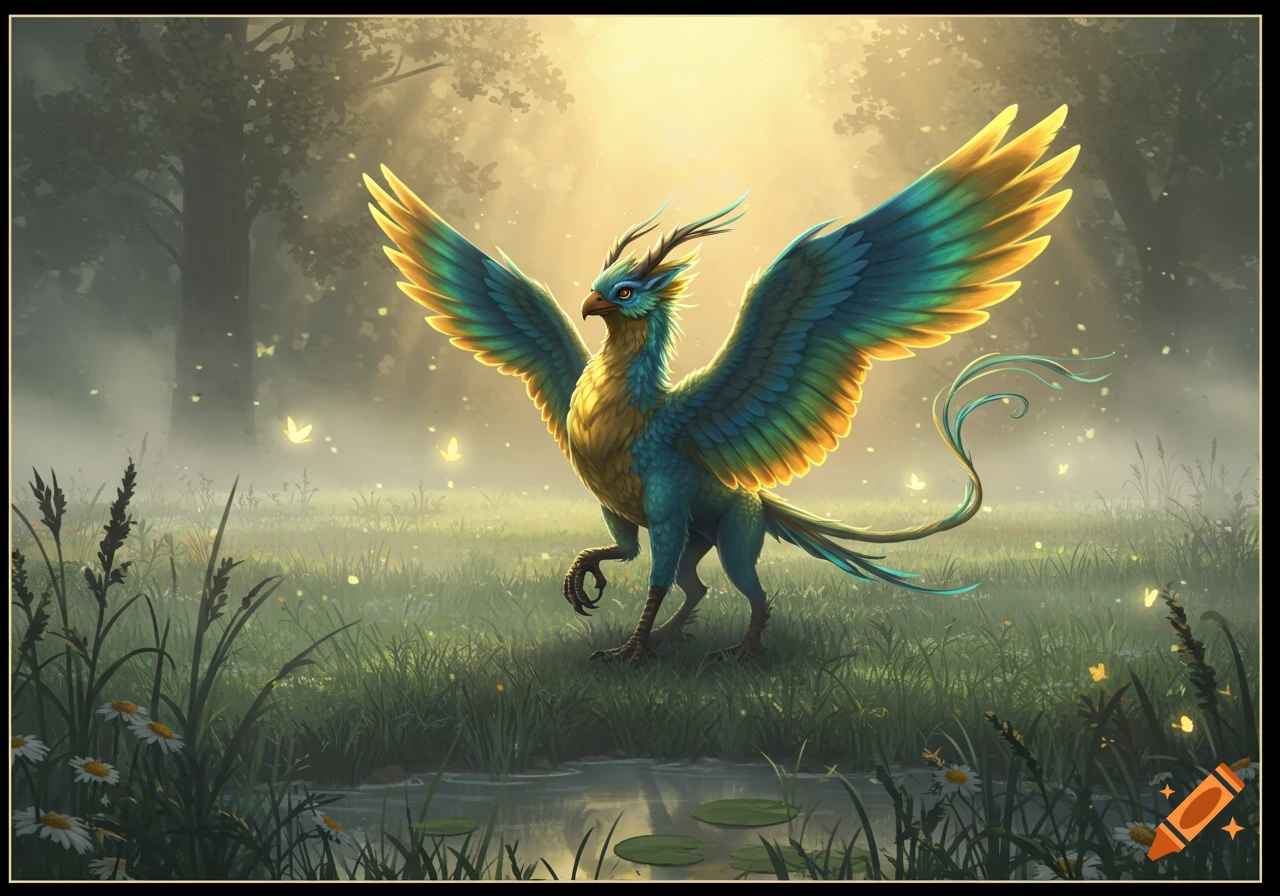 A vibrant fantasy creature with large blue and gold wings stands in a misty, sunlit forest clearing beside a small pond.