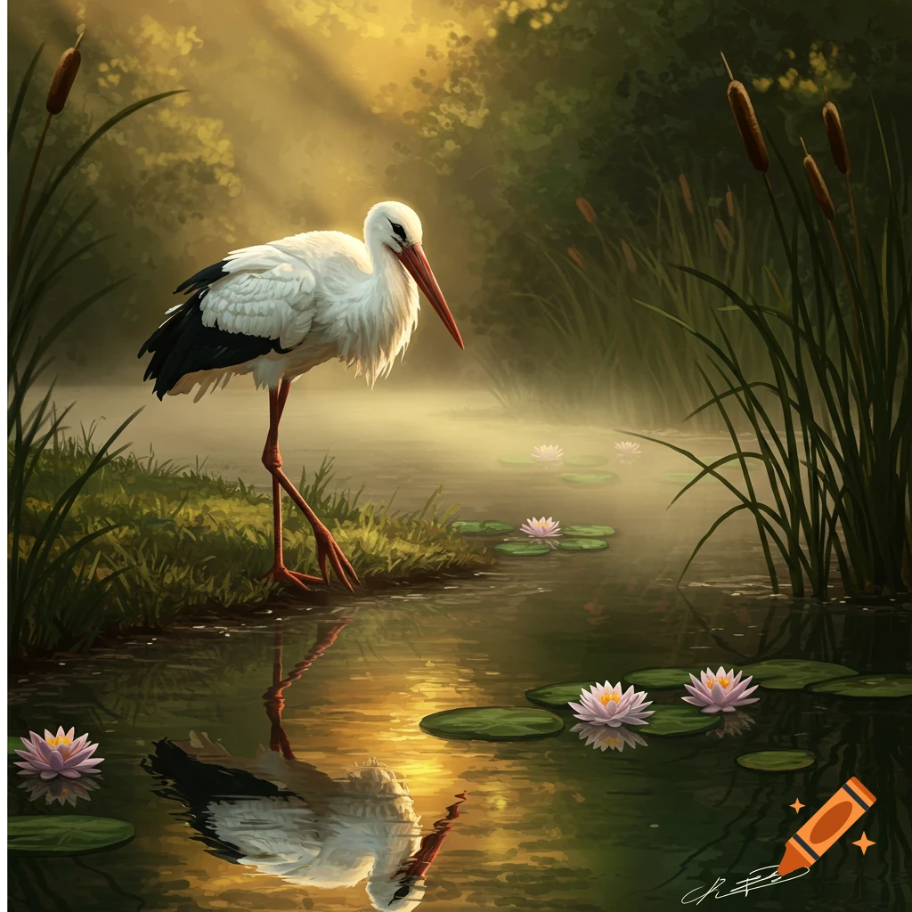 A white stork stands in a misty pond at sunrise, surrounded by water lilies and cattails, with its reflection visible.