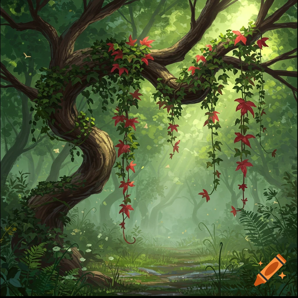 Lush green forest scene with a large tree trunk covered in green vines and red-leafed plants, dappled sunlight illuminates a path in the background.