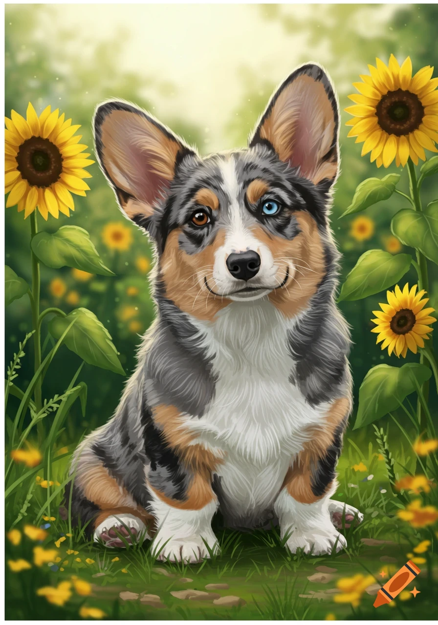 An illustration of a blue Merle and brindle corgi with one brown eye and one blue eye sitting in a field of yellow sunflowers.