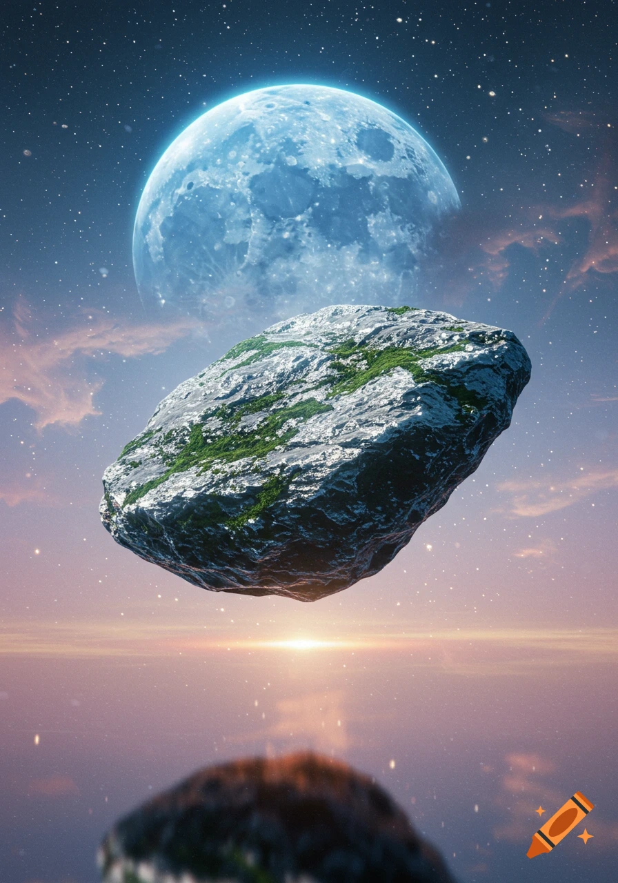 A mossy floating rock hovers in a starry twilight sky above a reflective horizon, with a large luminous blue moon.