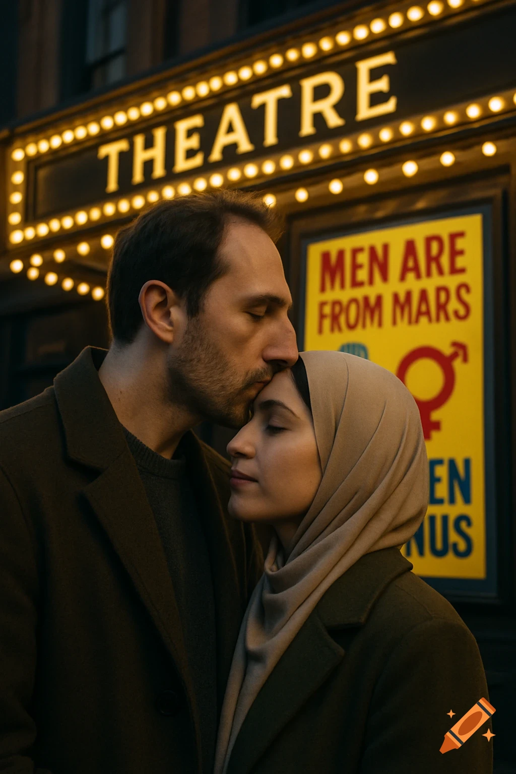 A man tenderly kisses a woman in a hijab on her forehead, standing in front of a theater with a bright sign and a poster for "Men Are from Mars."