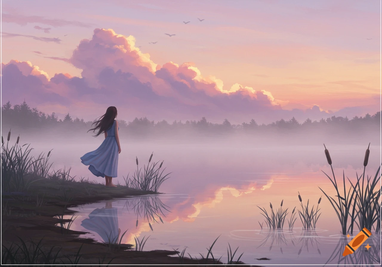 A woman in a blue dress stands by a misty lake at sunset, surrounded by reeds, with colorful clouds reflected in the water.