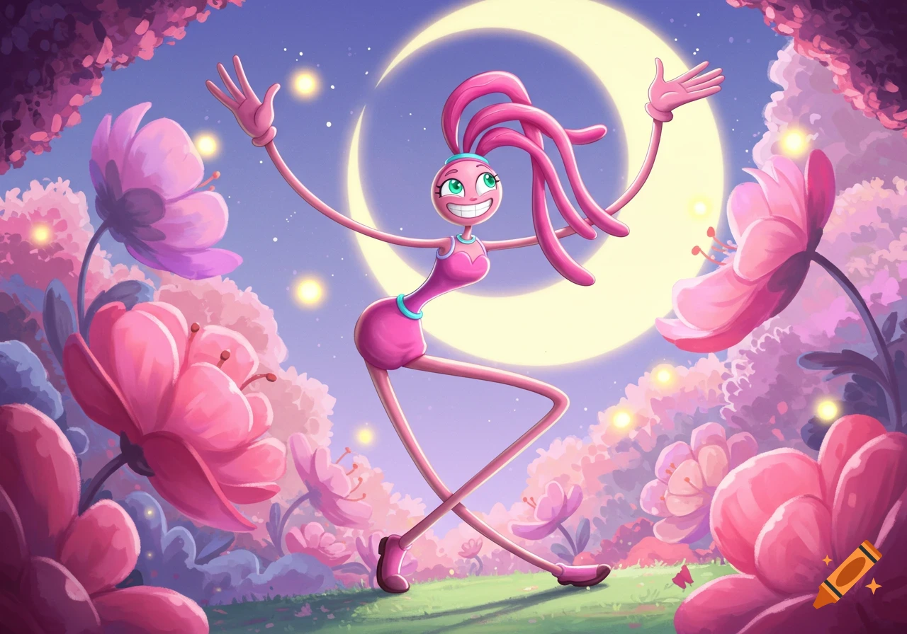 A cartoon character with pink skin and long, rubbery limbs, Mommy Long Legs, smiles while standing in a vibrant pink fantasy garden under a crescent moon.