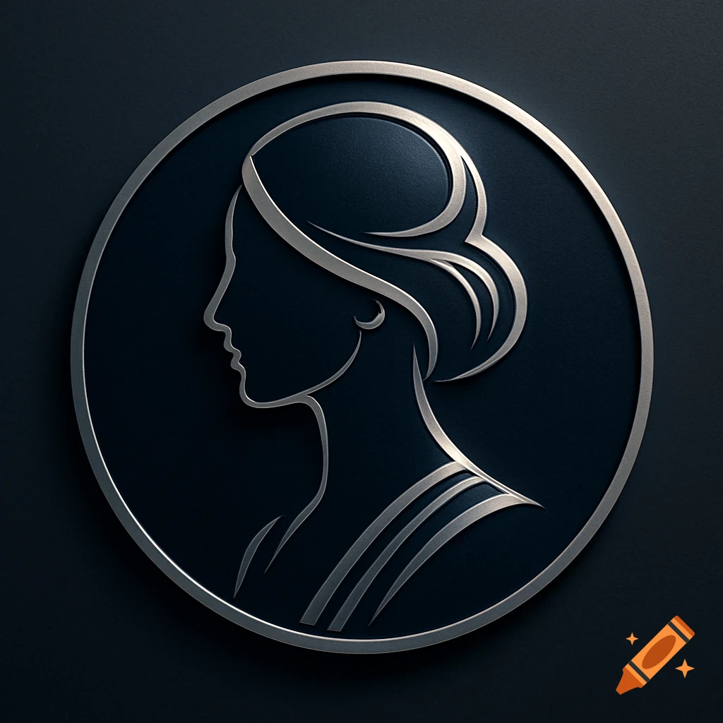 Silver metallic logo of a woman's profile in a circular emblem on a dark background.