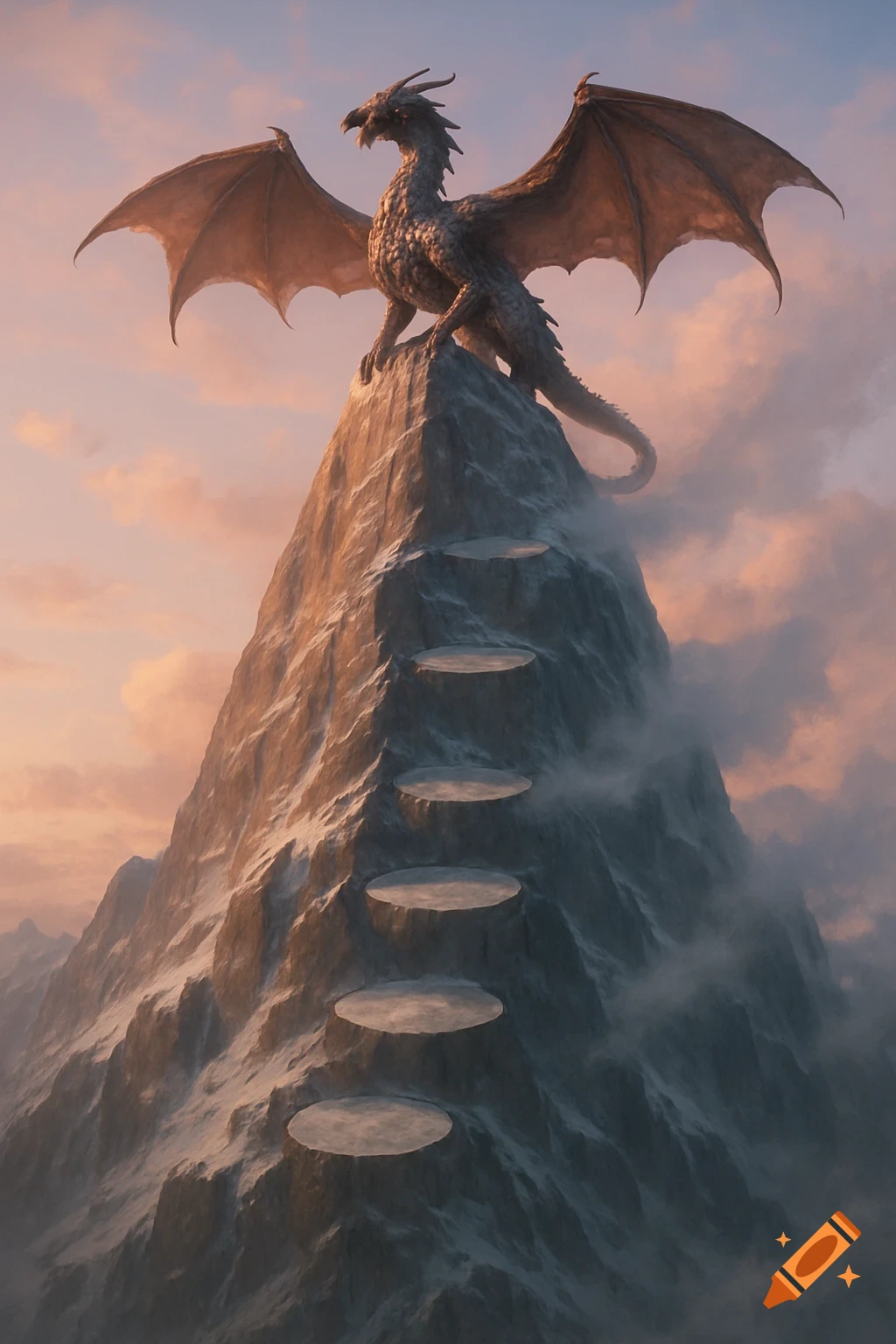 A majestic dragon with outstretched wings perches on the peak of a snowy, misty mountain with six circular platforms leading up its side under a cloudy, twilight sky.