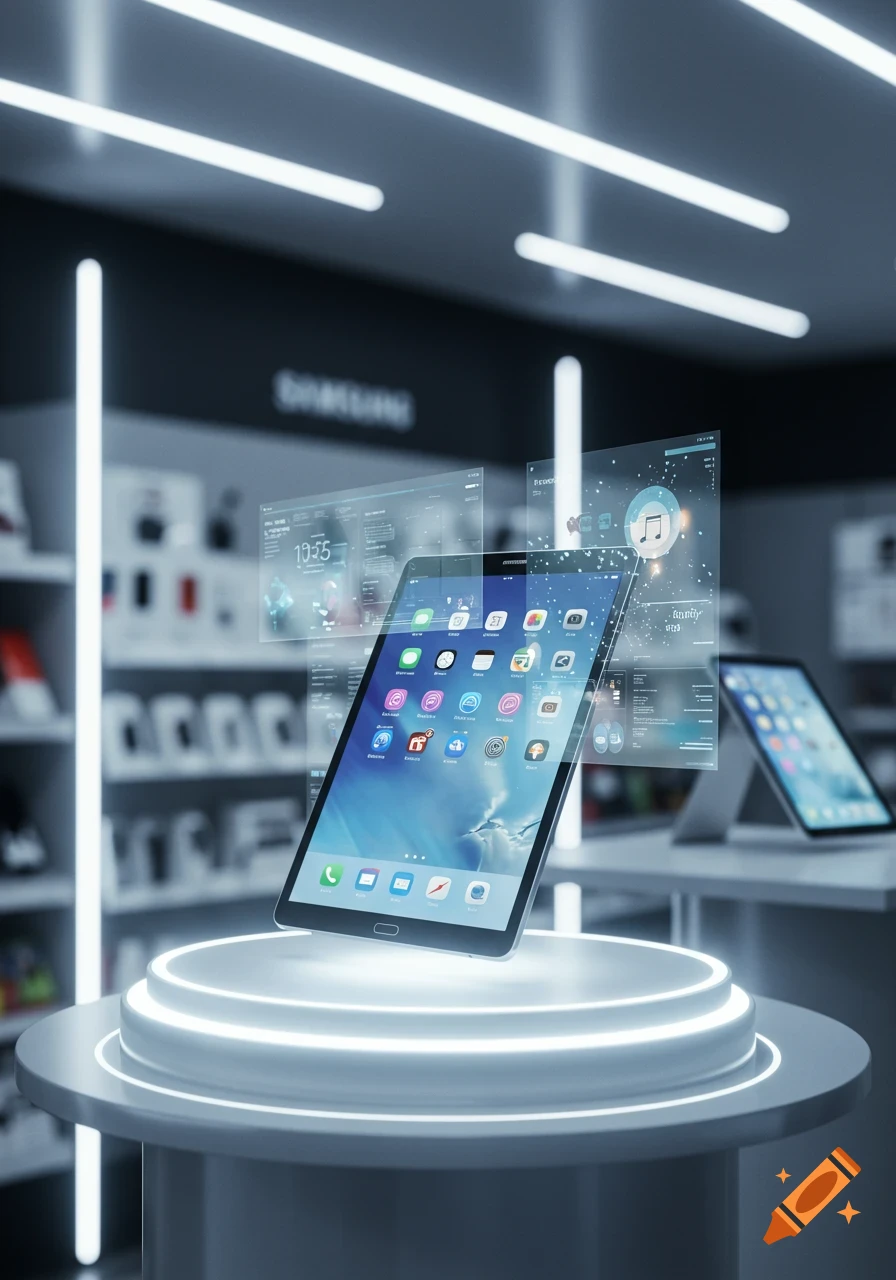 A modern tablet displayed on a glowing white pedestal in a sleek store, surrounded by floating holographic interface screens.
