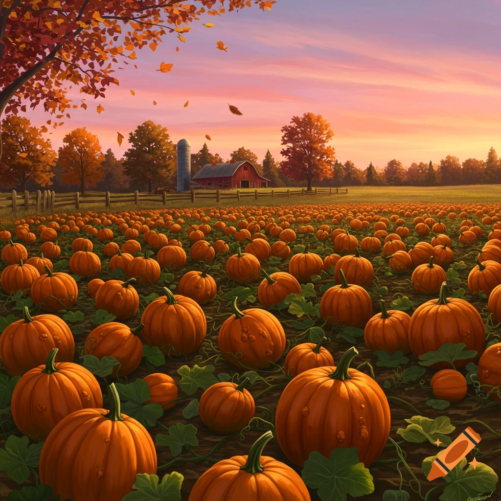 A vibrant autumn pumpkin patch stretches towards a red barn and silo under a colorful sunset sky, with fall leaves falling from trees.