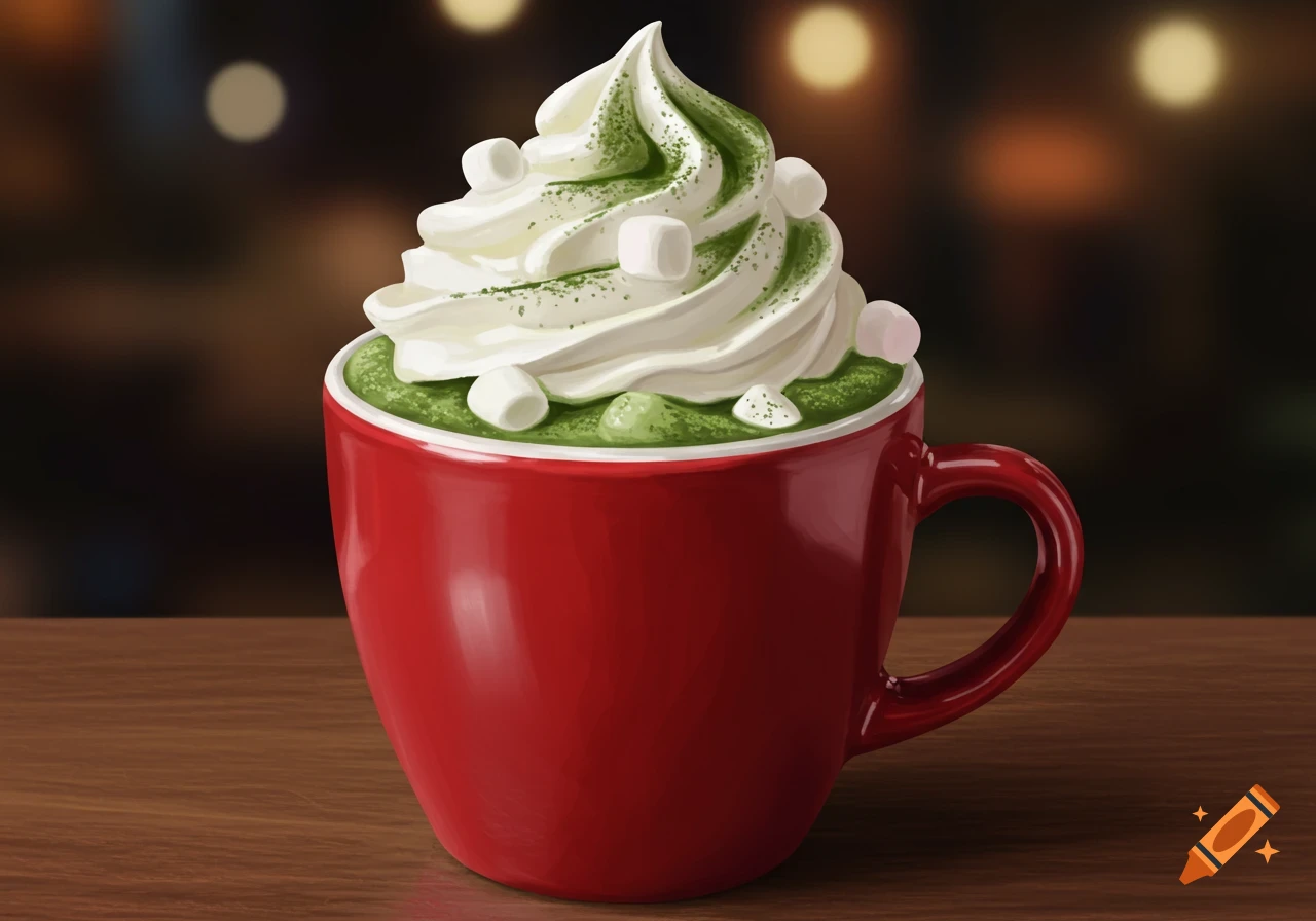 A green matcha drink in a red mug, topped with whipped cream, mini marshmallows, and matcha powder on a wooden table, illustrated style.
