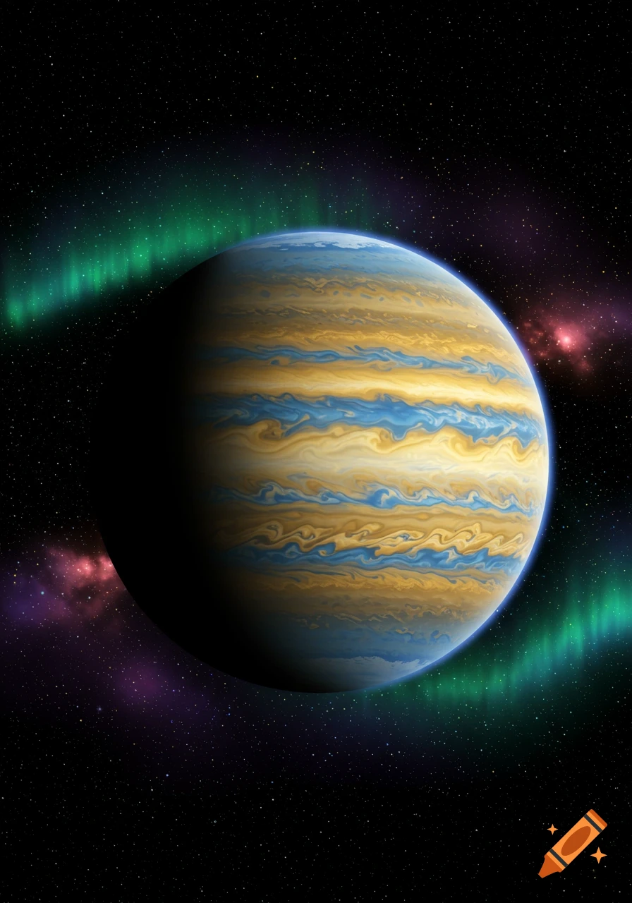 A gas giant planet with swirling blue and yellow bands, partially shadowed, set against a star-filled space with green and purple auroras.