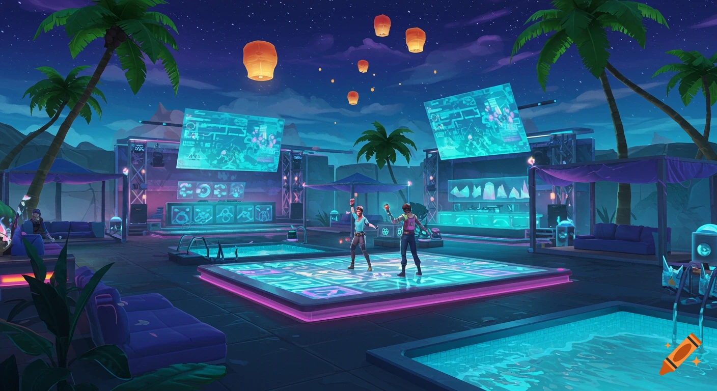 A vibrant, neon-lit outdoor party scene at night, with people dancing on a light-up floor, surrounded by palm trees and pools.