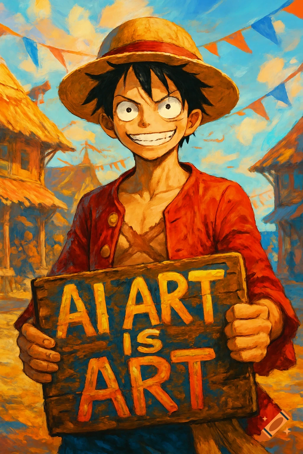 Luffy from One Piece, in a vibrant painterly style, holds a sign saying 'AI ART IS ART' in a sunny village.