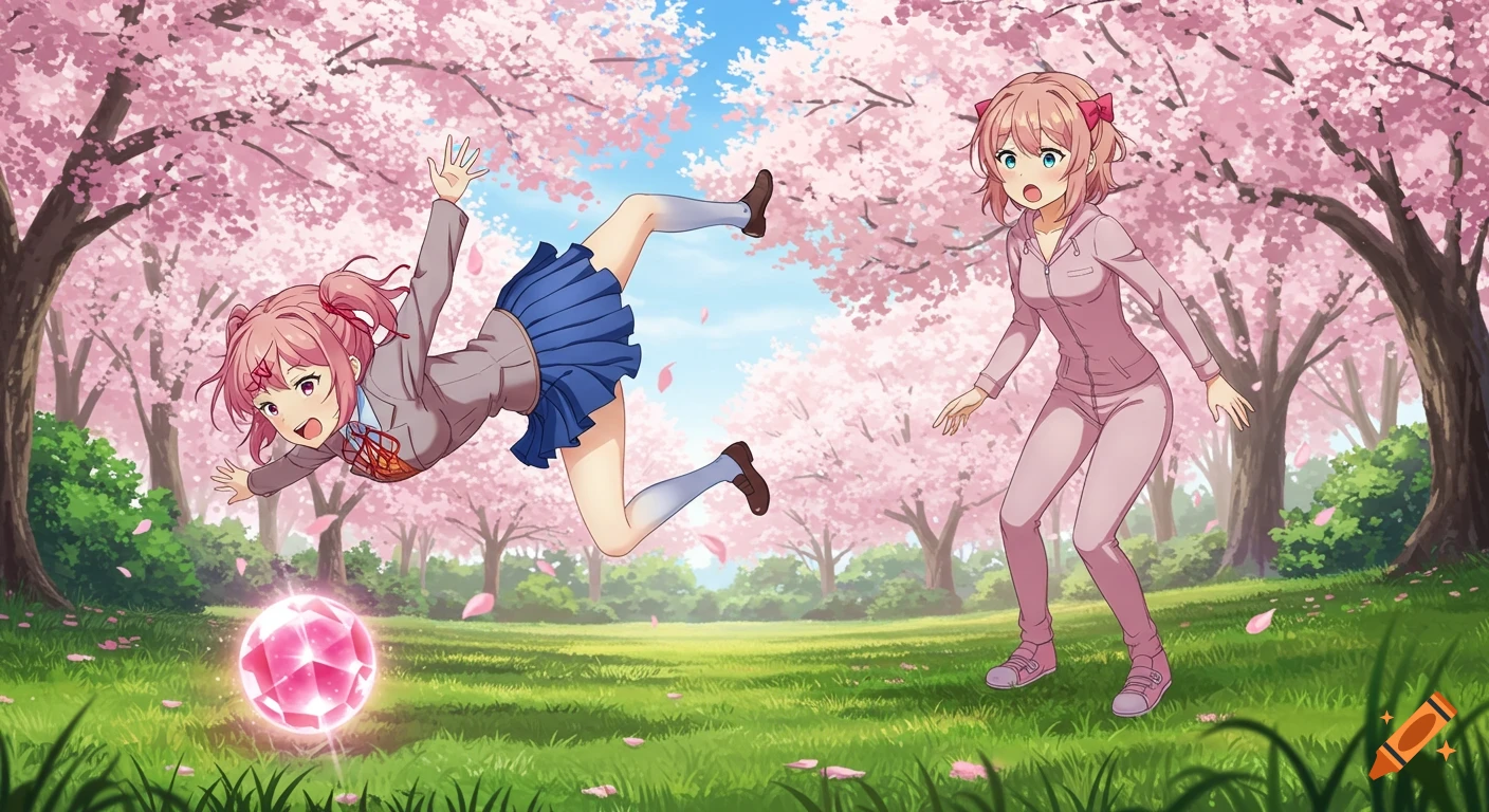 Natsuki trips over a glowing pink crystal ball in a cherry blossom park, while Sayori watches in a pink jumpsuit, anime style.