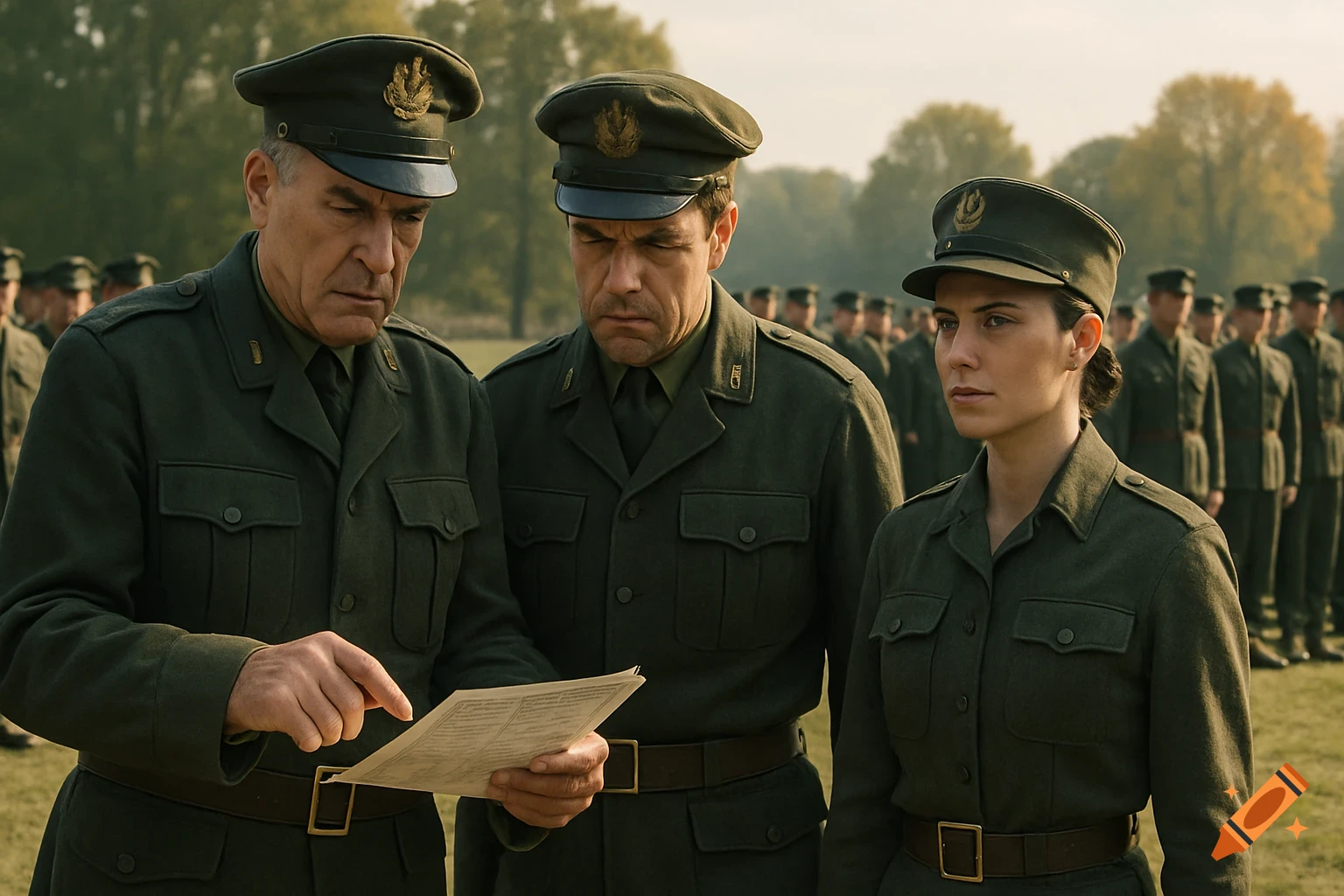 Three military officers in green uniforms, two men and one woman, stand in a field. One man points at a document he's holding while other soldiers are in formation in the background, in a photorealistic style.