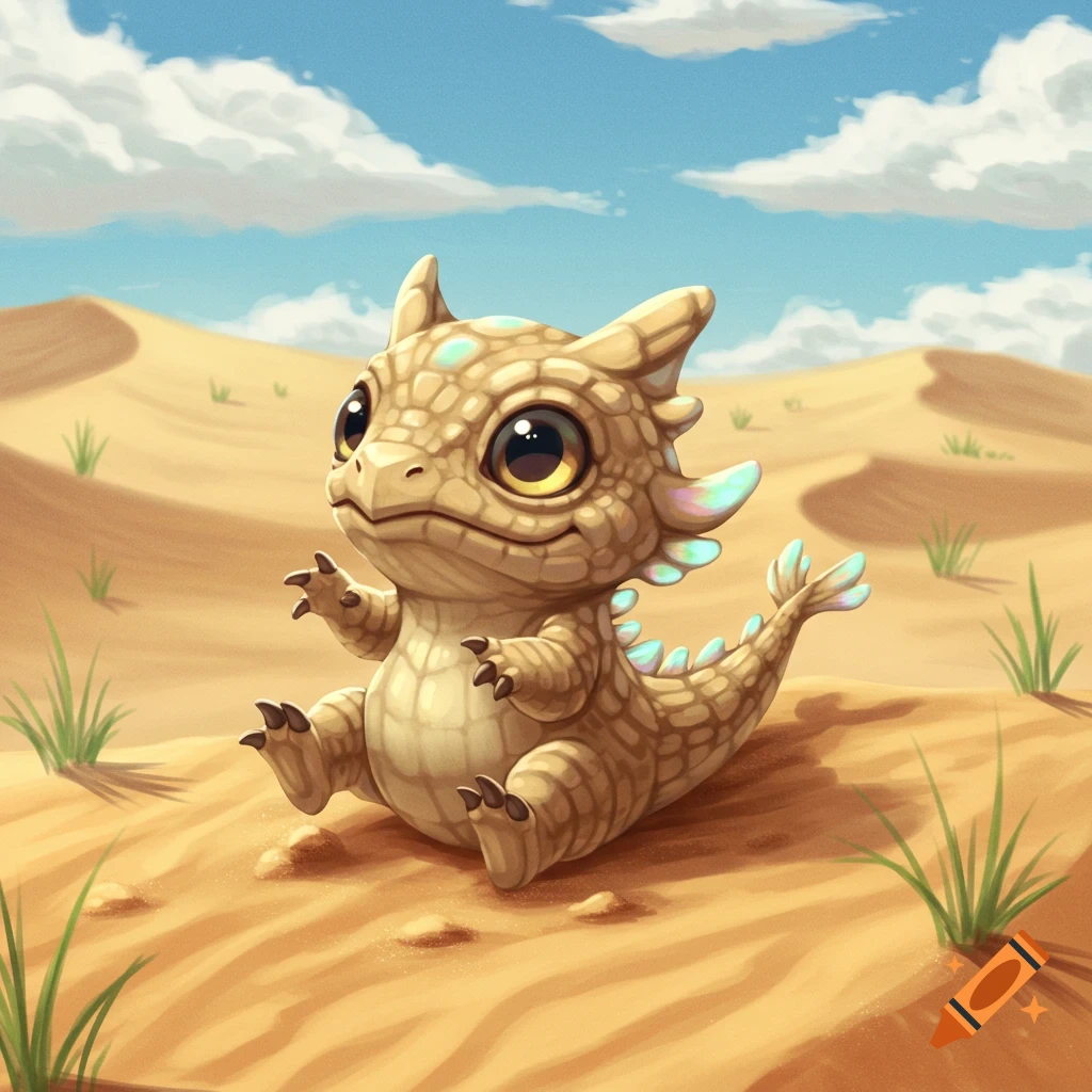 Cute cartoon baby dragon with big eyes sitting in a sandy desert with sparse grass under a blue sky.