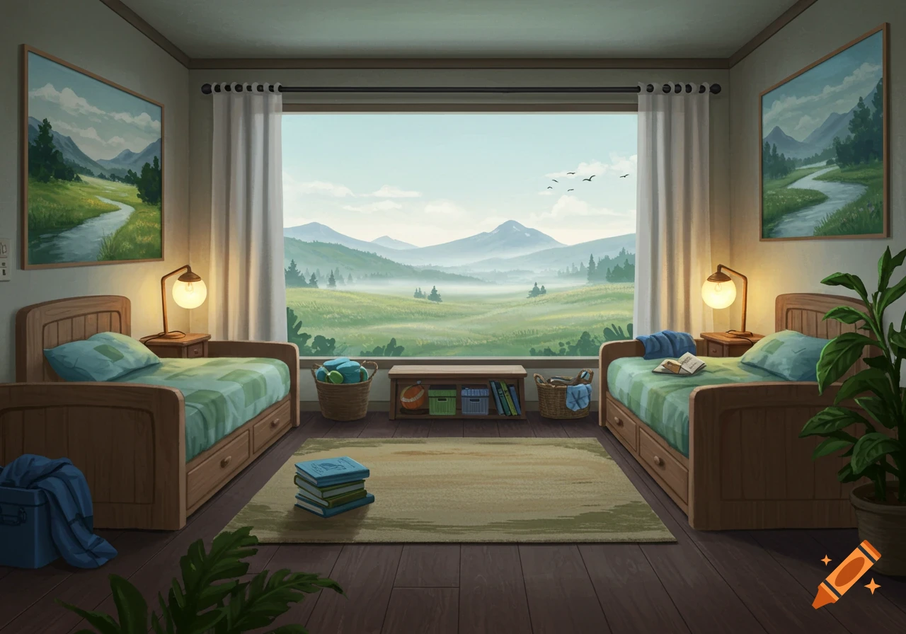 A cozy bedroom with two single beds, lamps, and a large window overlooking a misty, green mountainous landscape in an illustrated style.