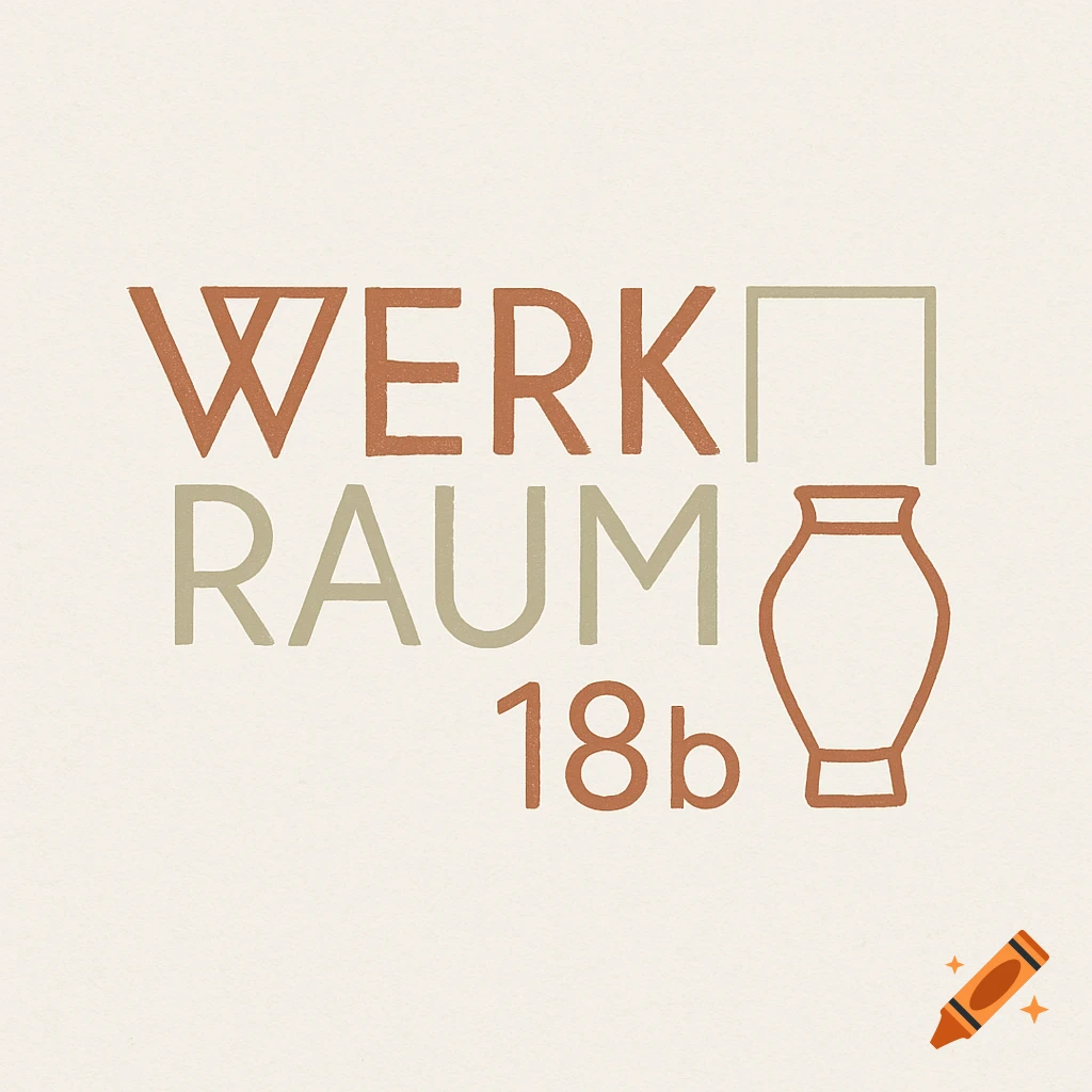 A logo for 'Werk Raum 18b' on a cream background. 'WERK' is in reddish-brown geometric font. 'RAUM' is in light brown. '18b' is in reddish-brown. An outline of a square and a vase are also present.