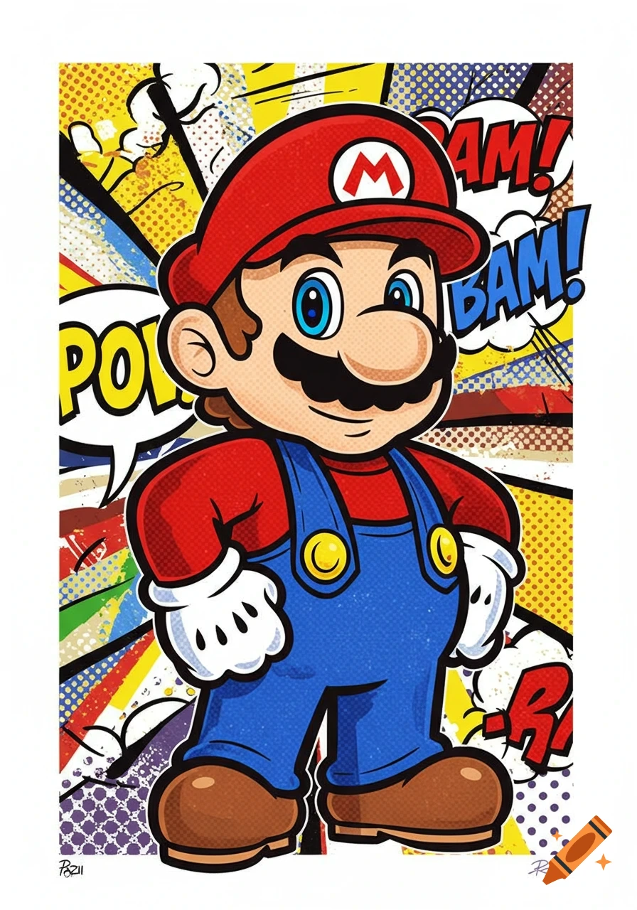 Pop Art illustration of Mario with a comic book style background featuring speech bubbles with 'POW!' and 'BAM!'.