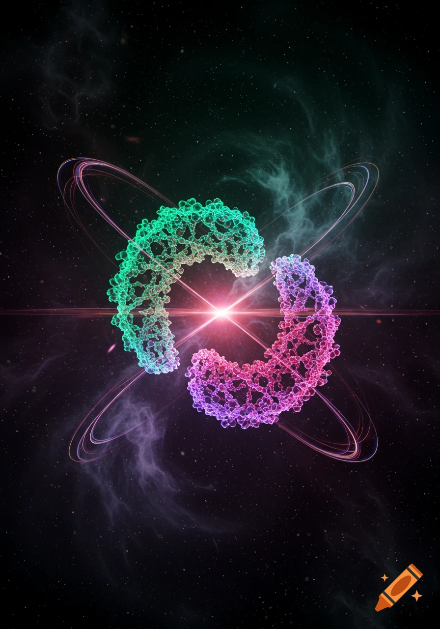 Abstract glowing green and pink molecular structures with light rings around a central star, against a dark cosmic background.