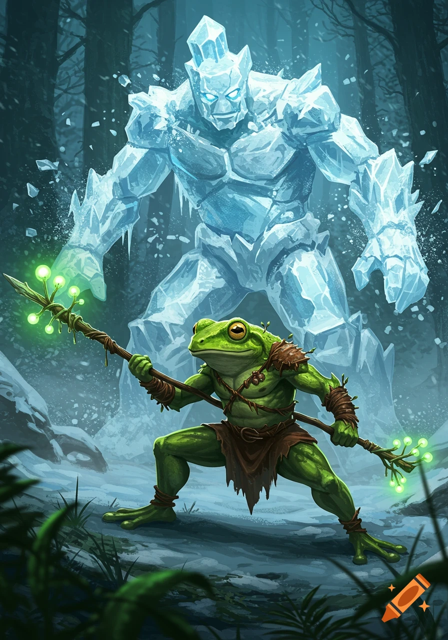 A muscular green frog warrior with a glowing staff confronts a towering ice golem in a dark, snowy forest.