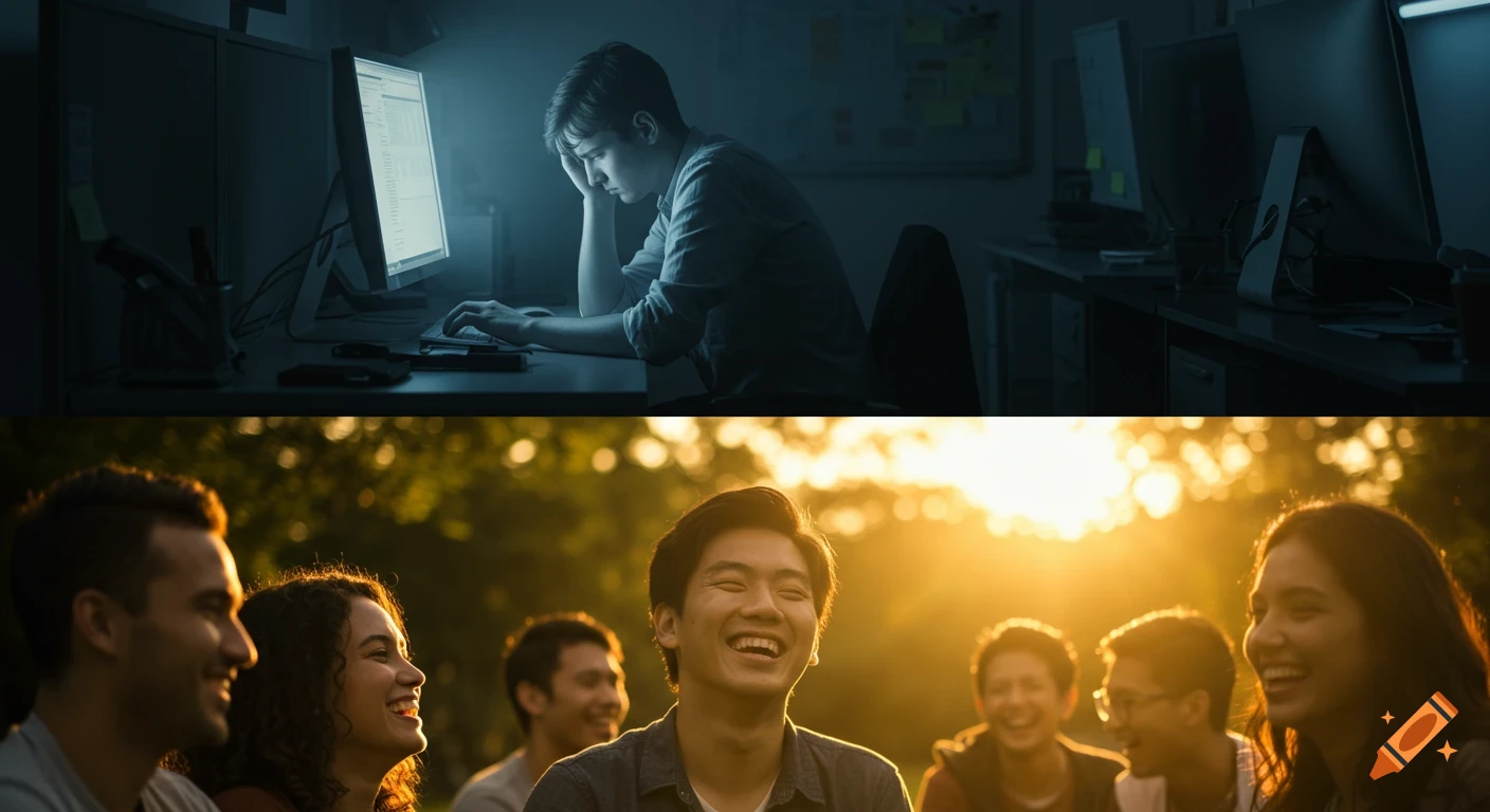 A split image: top shows a man working stressed in a dark, cool-toned office; bottom shows him and friends laughing happily in warm sunlight outdoors.