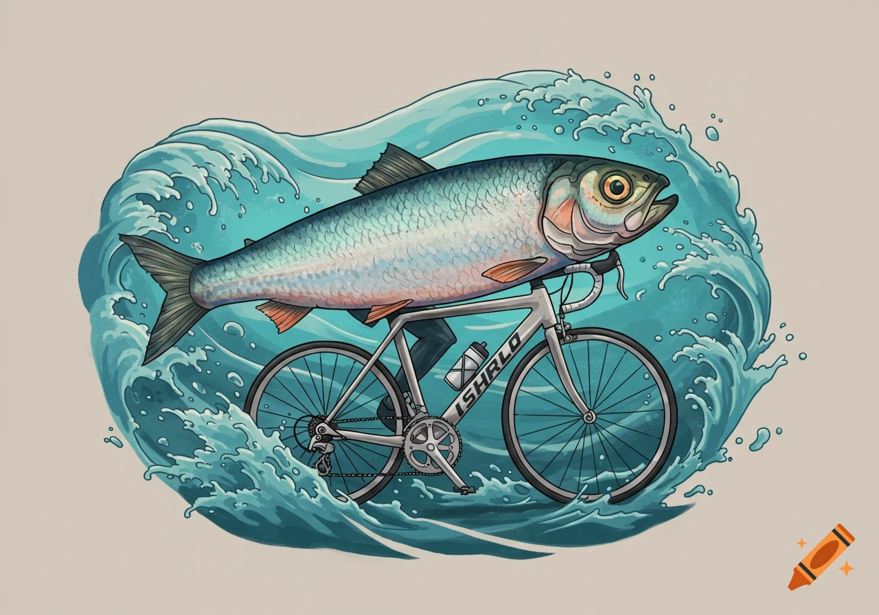 A large herring fish riding a racing bicycle through stylized ocean waves, in an illustrated cartoon style.