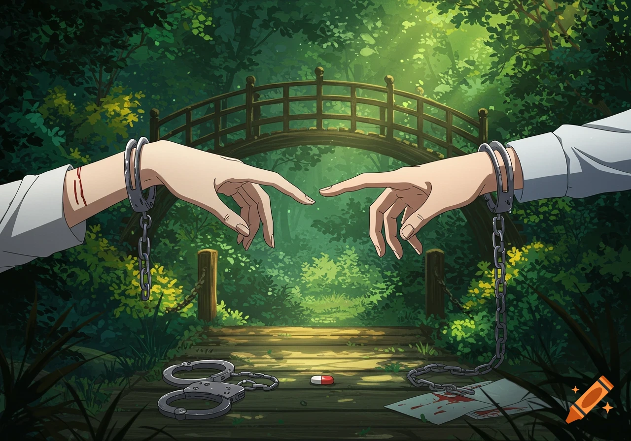 Anime hands, one cut and cuffed, reach towards each other over a pill and blood-stained paper on a bridge in a forest.