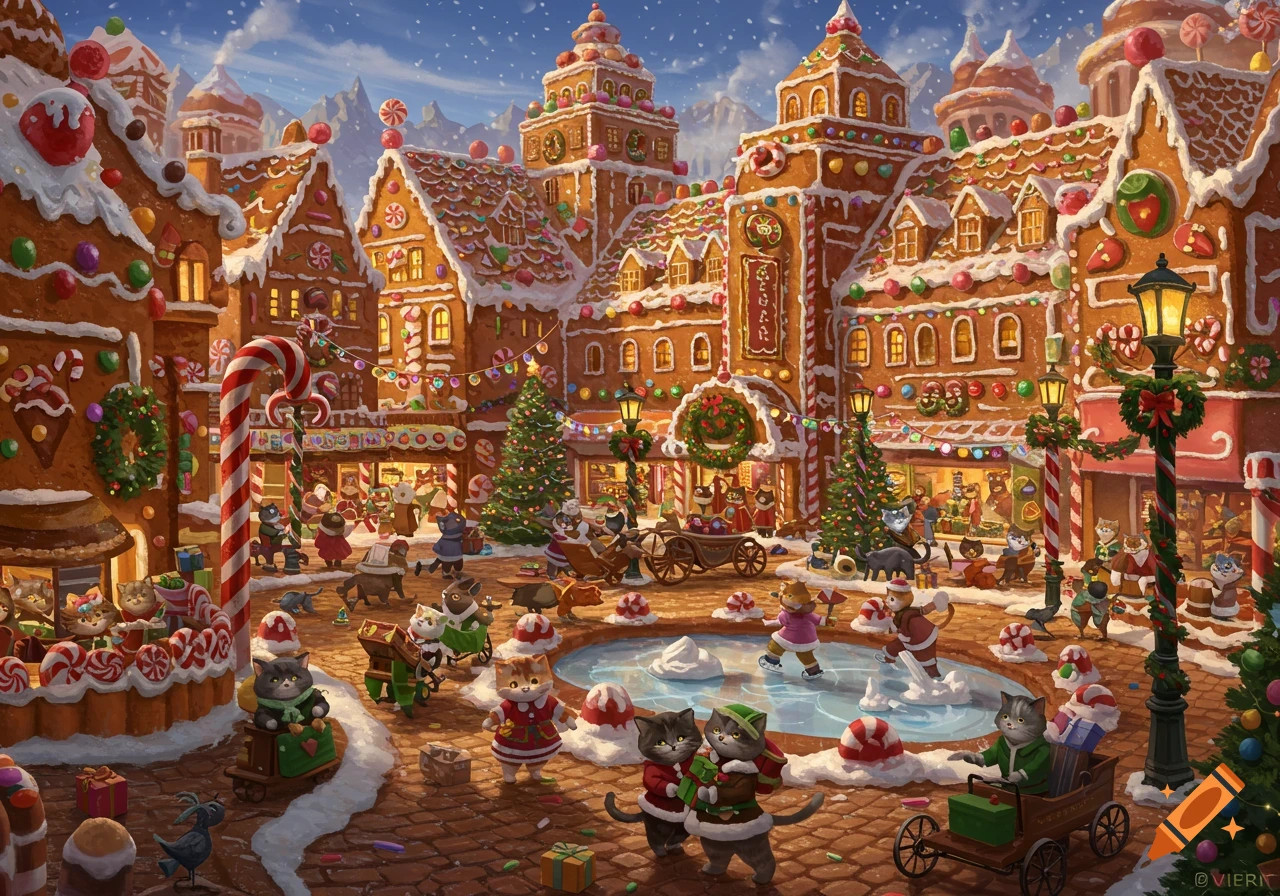 A whimsical Christmas gingerbread town filled with anthropomorphic cats ice skating and shopping, under a snowy sky.
