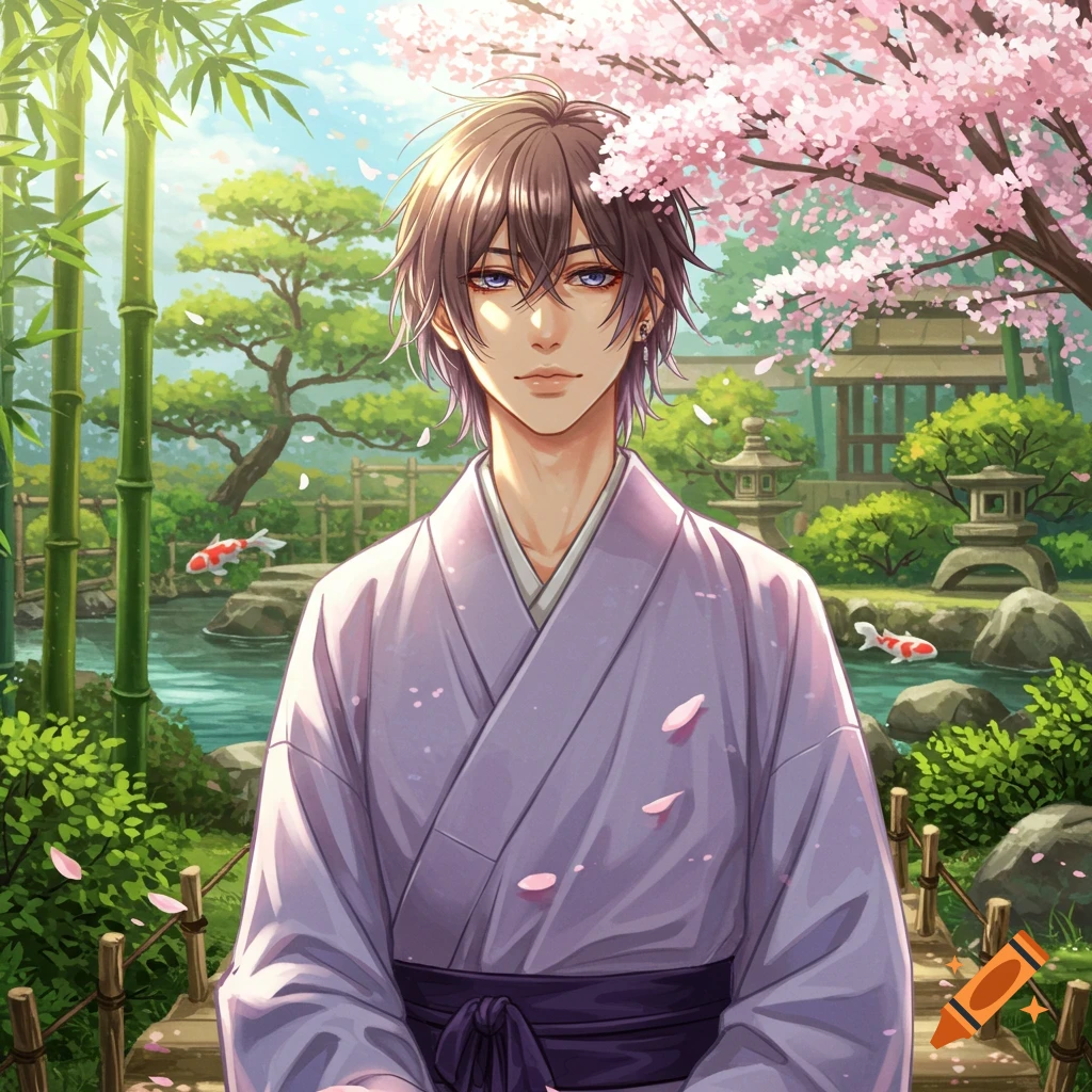 A young man with dark hair and blue eyes, wearing a light purple kimono, stands in a Japanese garden with cherry blossoms, bamboo, and a koi pond.