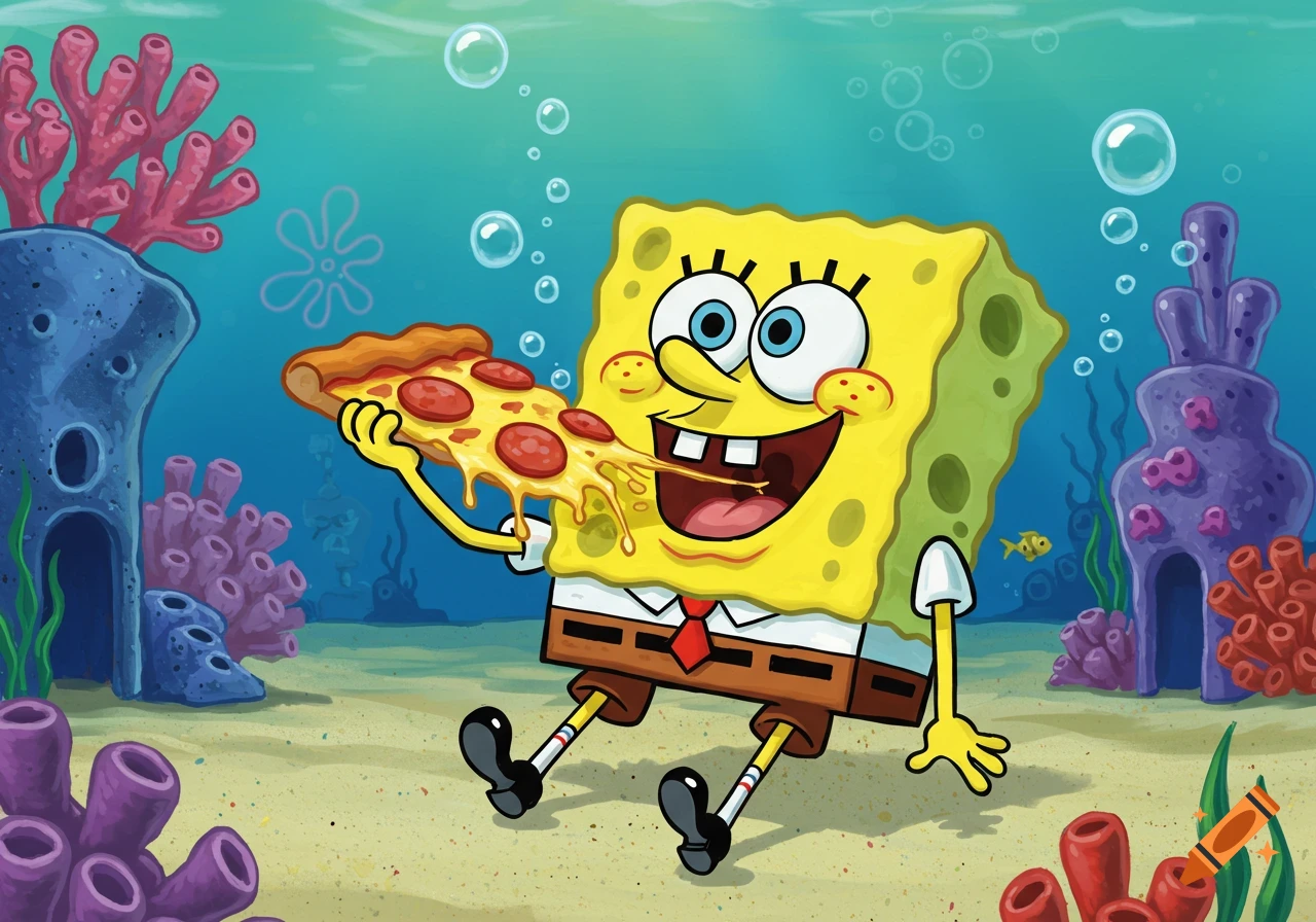 Spongebob SquarePants happily eats a slice of pepperoni pizza underwater, surrounded by coral.