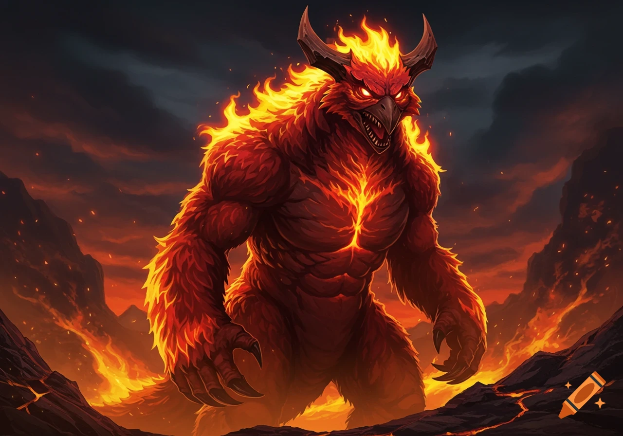 A giant fiery bird-like monster with horns, glowing red and yellow eyes, and sharp teeth stands amidst a volcanic landscape with a stormy, smoke-filled sky.