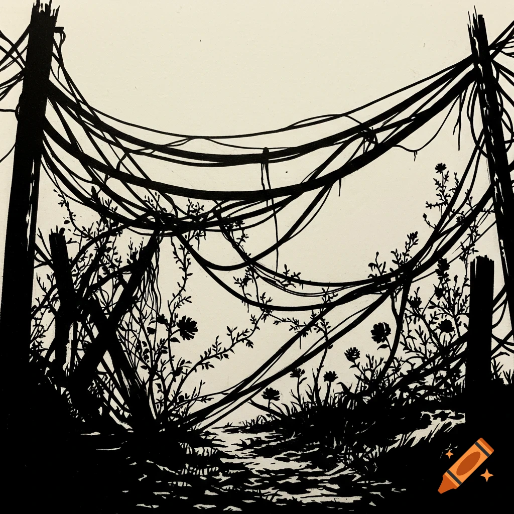 A black and white stencil of an overgrown apocalyptic landscape with tangled cables, vines, and scattered flowers.