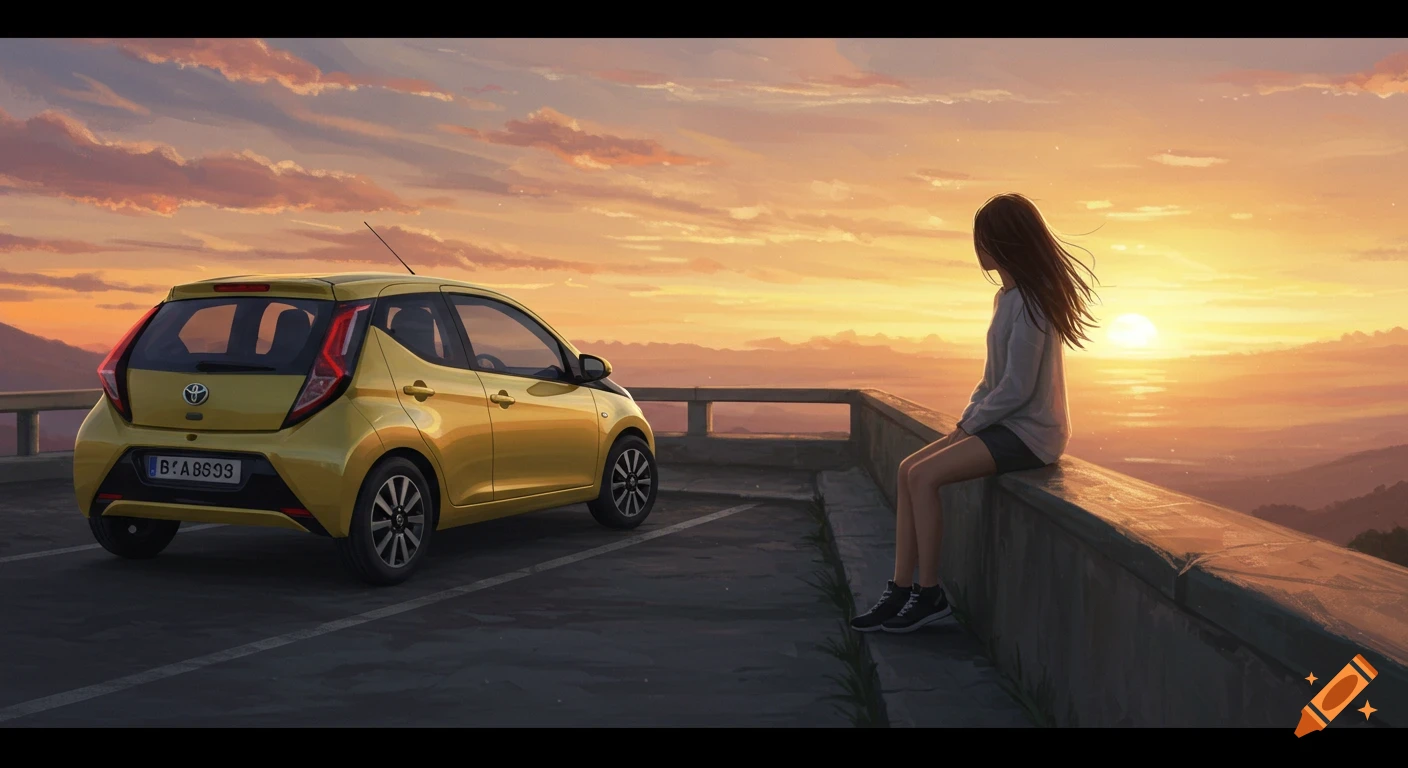 A young woman sits on a wall next to a yellow Toyota Aygo, watching the sunset over mountains in an anime style.