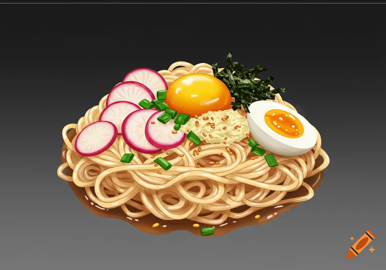 An illustration of noodles topped with a raw egg yolk, half a boiled egg, sliced radishes, green onions, and seaweed.